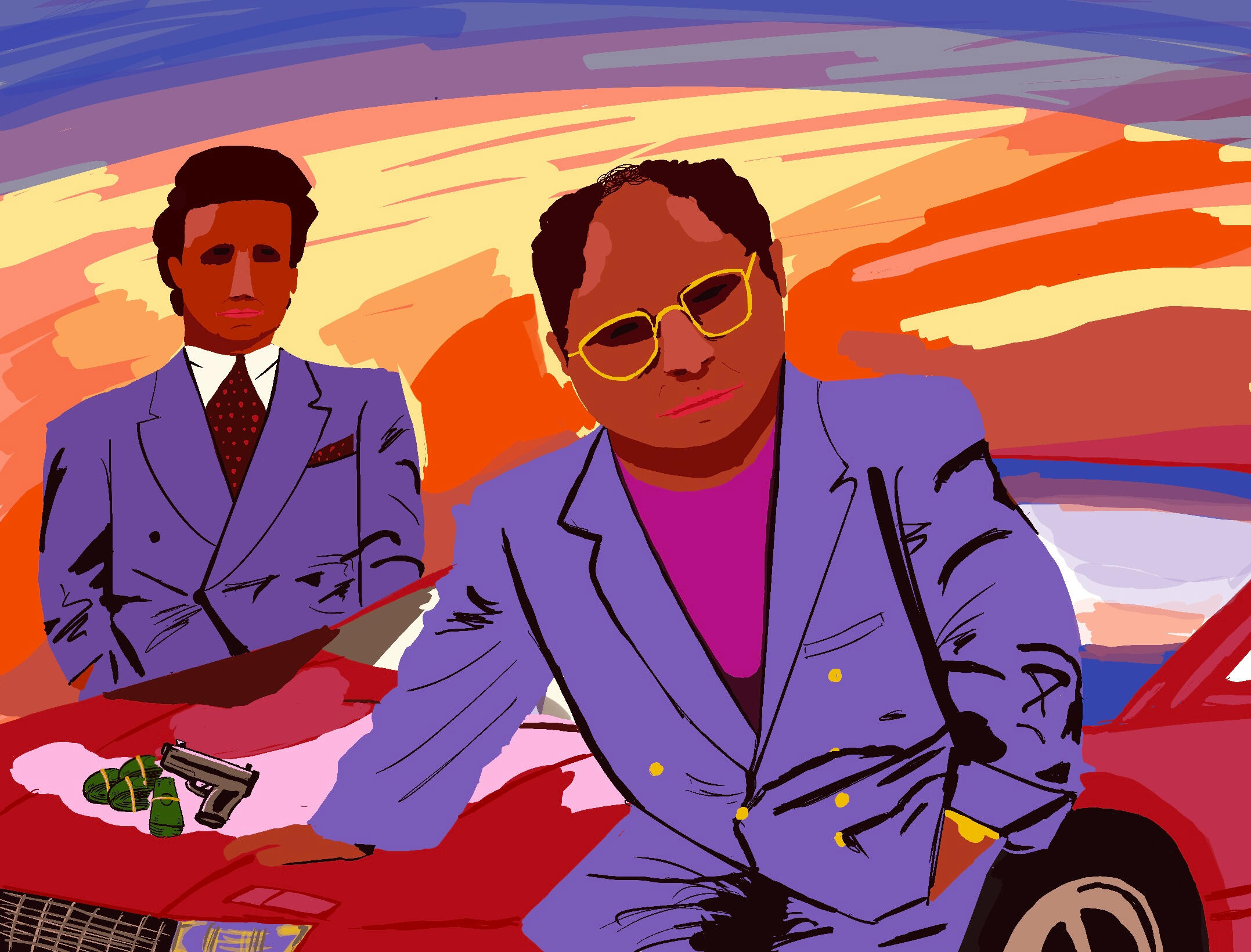 This image is a high contrast image of Seinfeld character's Jerry and George drawn in a loose, inky style. Lots of purple and neon and orange and they stand in front of a setting sun, leaning against a bright red car. Gun and cash and Jerry and George, wha