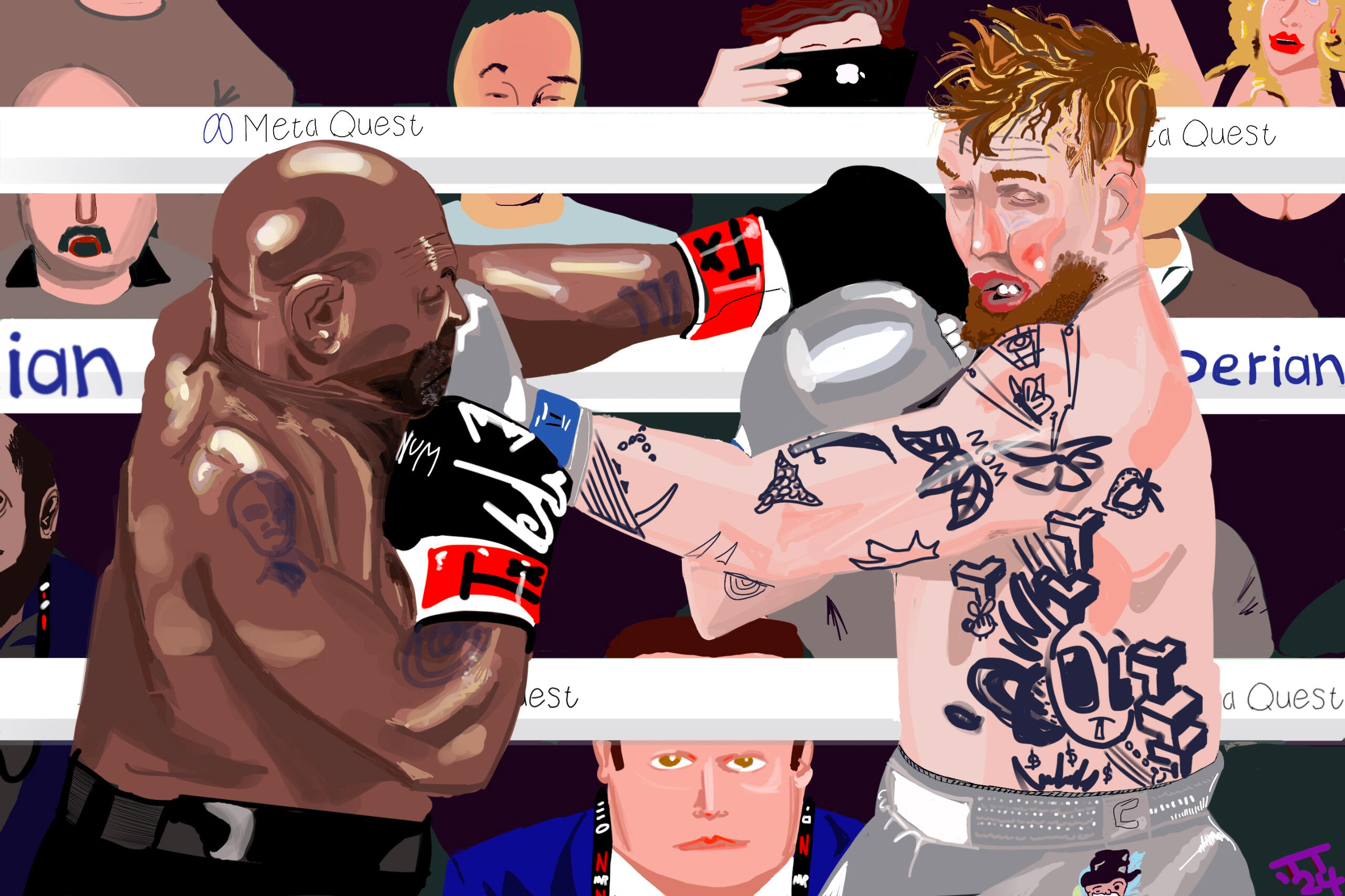 Mike Tyson Jake Paul Fight on Netflix illustrated in an inky style.